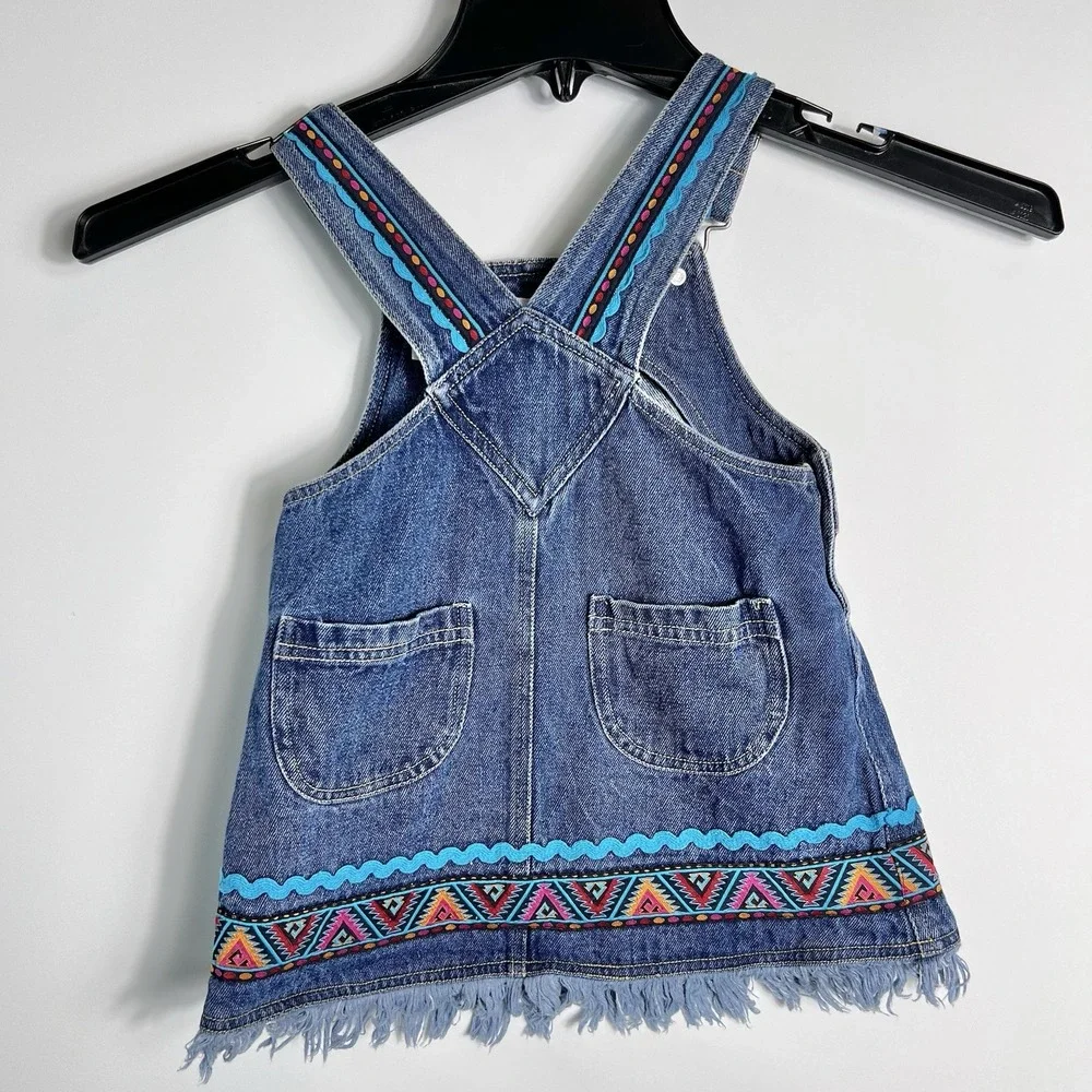 Toddler Girls Denim Jumper Dress Floral Embroidery Fringe Hem Aztec 2T‎